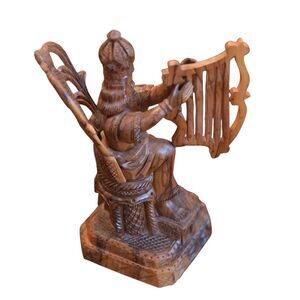 Ornate Carved Olive Wood King David with Harp Holy Land